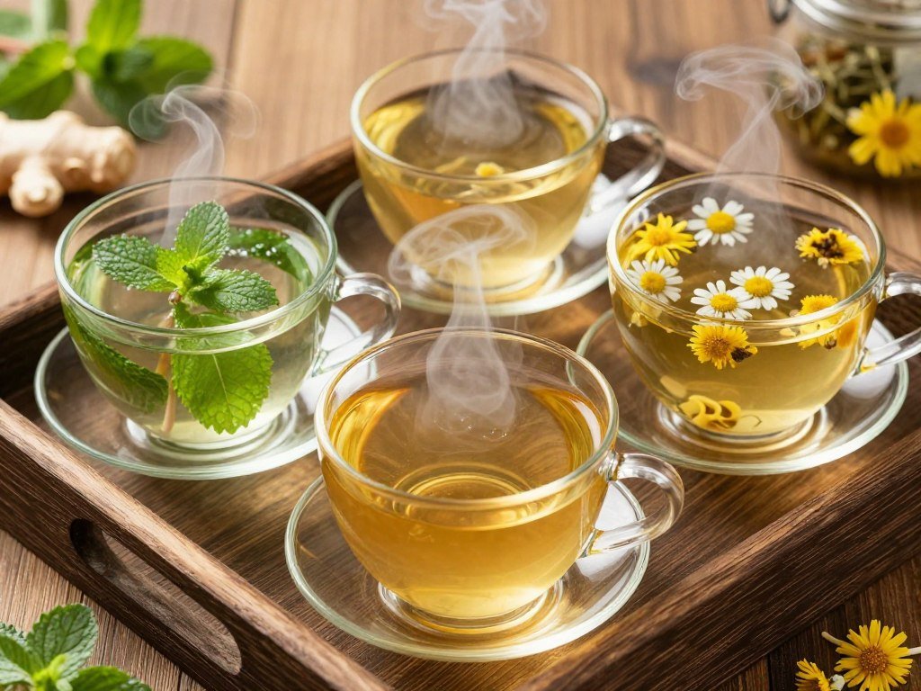 Various herbal teas for natural colon cleansing arranged with fresh herbs