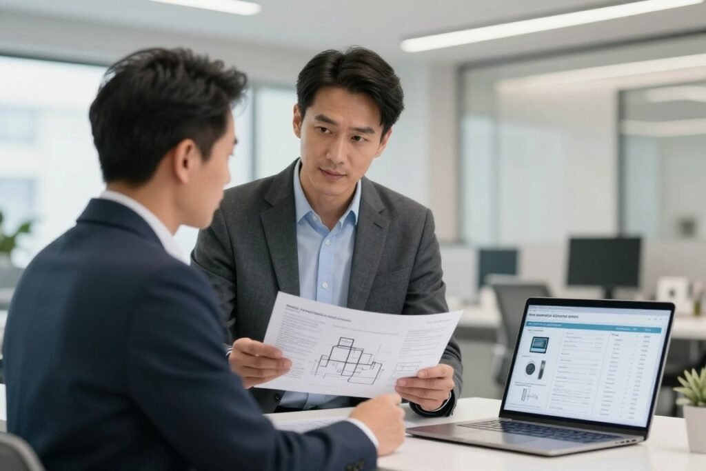 Wellness center owner reviewing colonic machine for sale buyer intent considerations with facility blueprints Wellness center owner reviewing colonic machine for sale buyer intent considerations with facility blueprints
