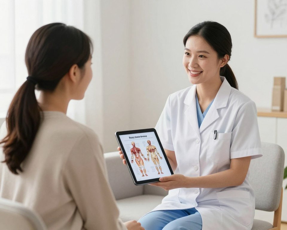 Wellness practitioner conducting initial client consultation for colon hydrotherapy