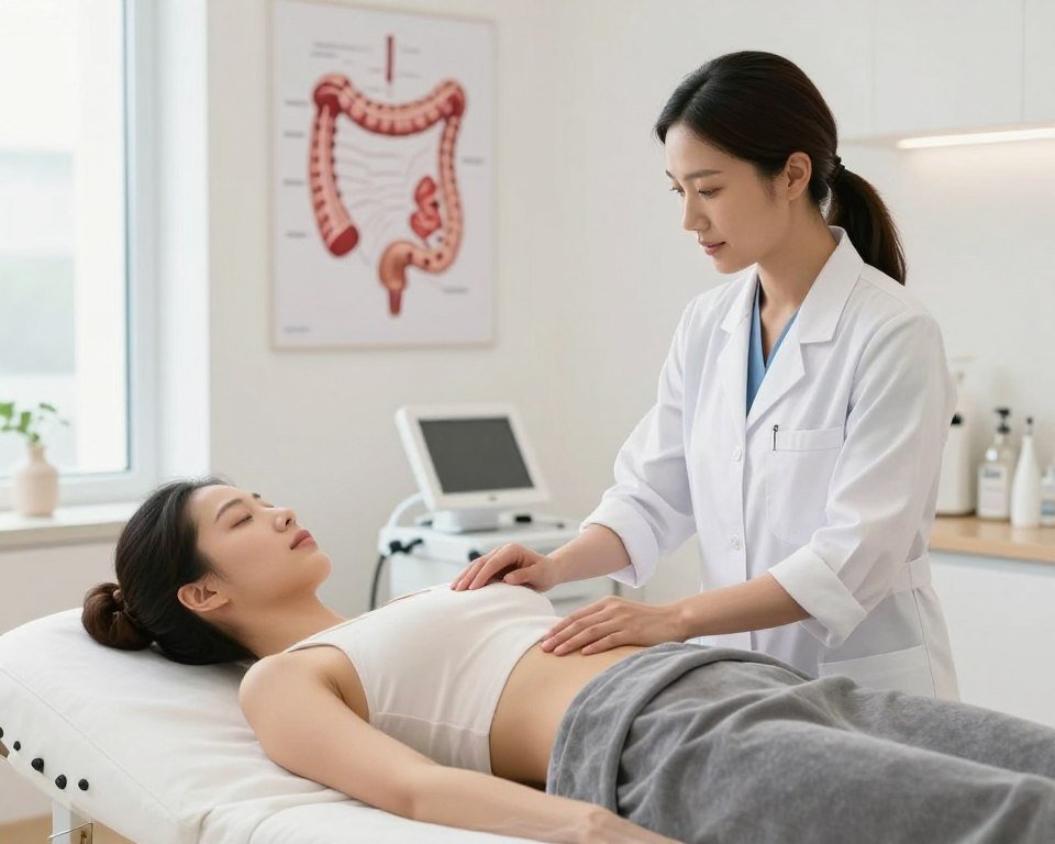Wellness practitioner explaining colon hydrotherapy benefits to client