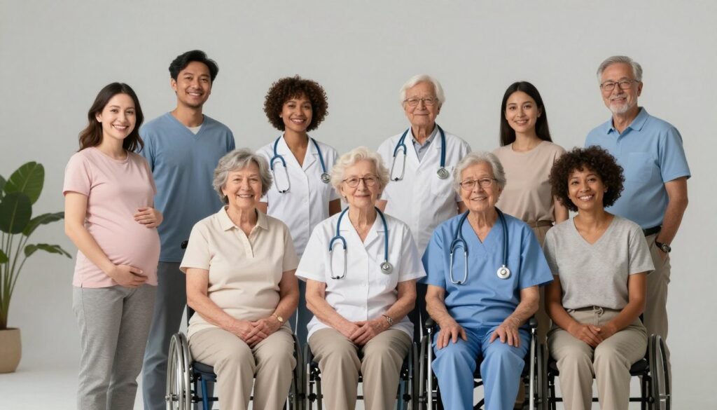 diverse group of people representing different health conditions requiring caution