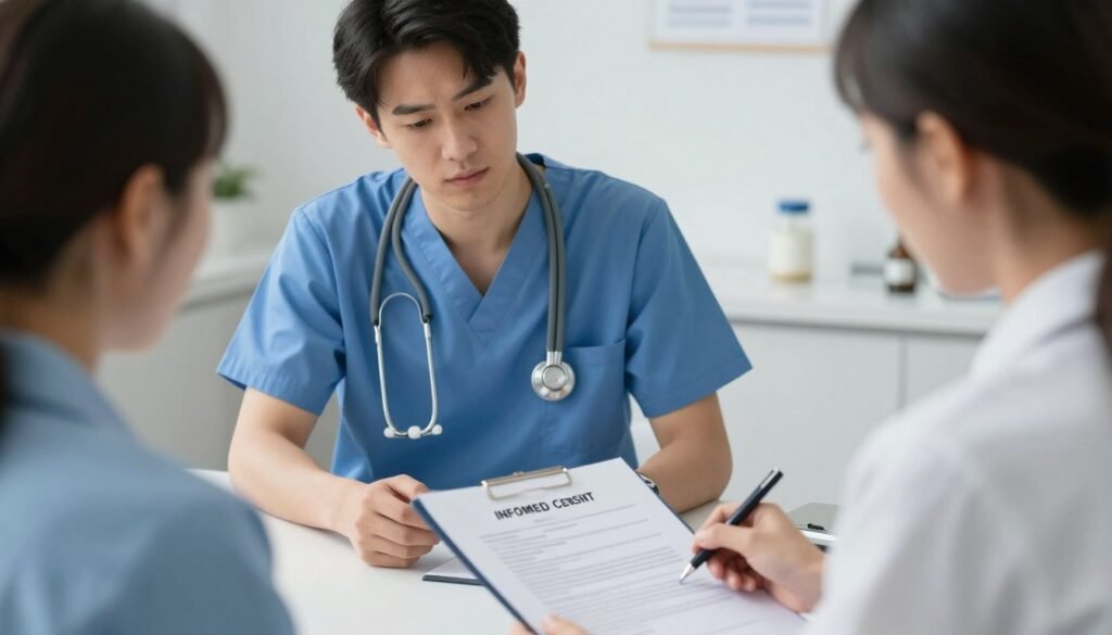 healthcare professional reviewing informed consent form with client healthcare professional reviewing informed consent form with client