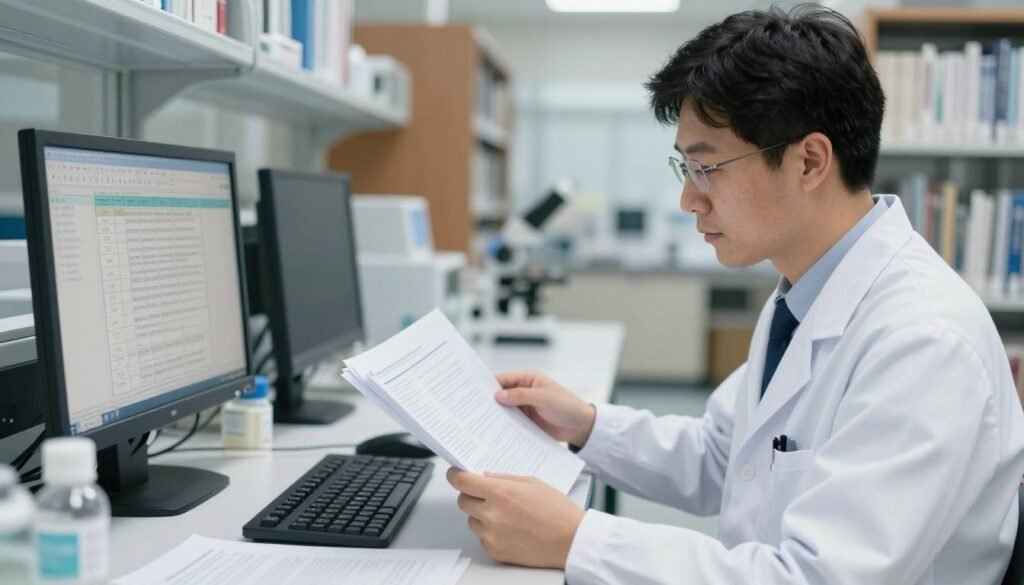 medical researcher reviewing scientific studies on colon hydrotherapy safety medical researcher reviewing scientific studies on colon hydrotherapy safety