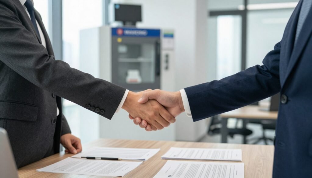 Business handshake representing distributor partnership agreement