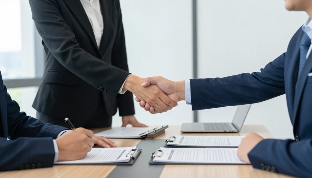 Business handshake representing successful partnership between MAIKONG and US distributor