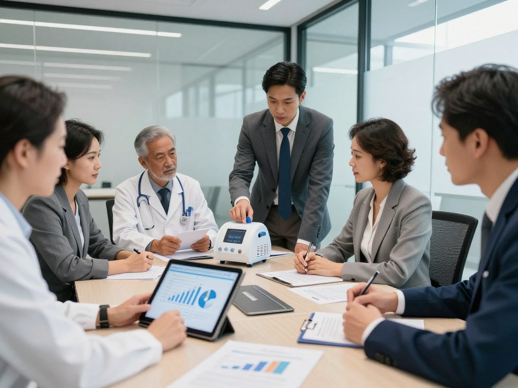 Business meeting discussing medical equipment procurement with charts and specifications