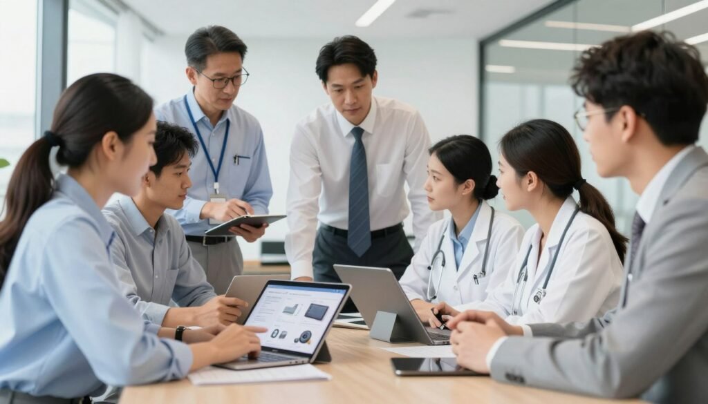 Business meeting discussing wellness equipment procurement decisions