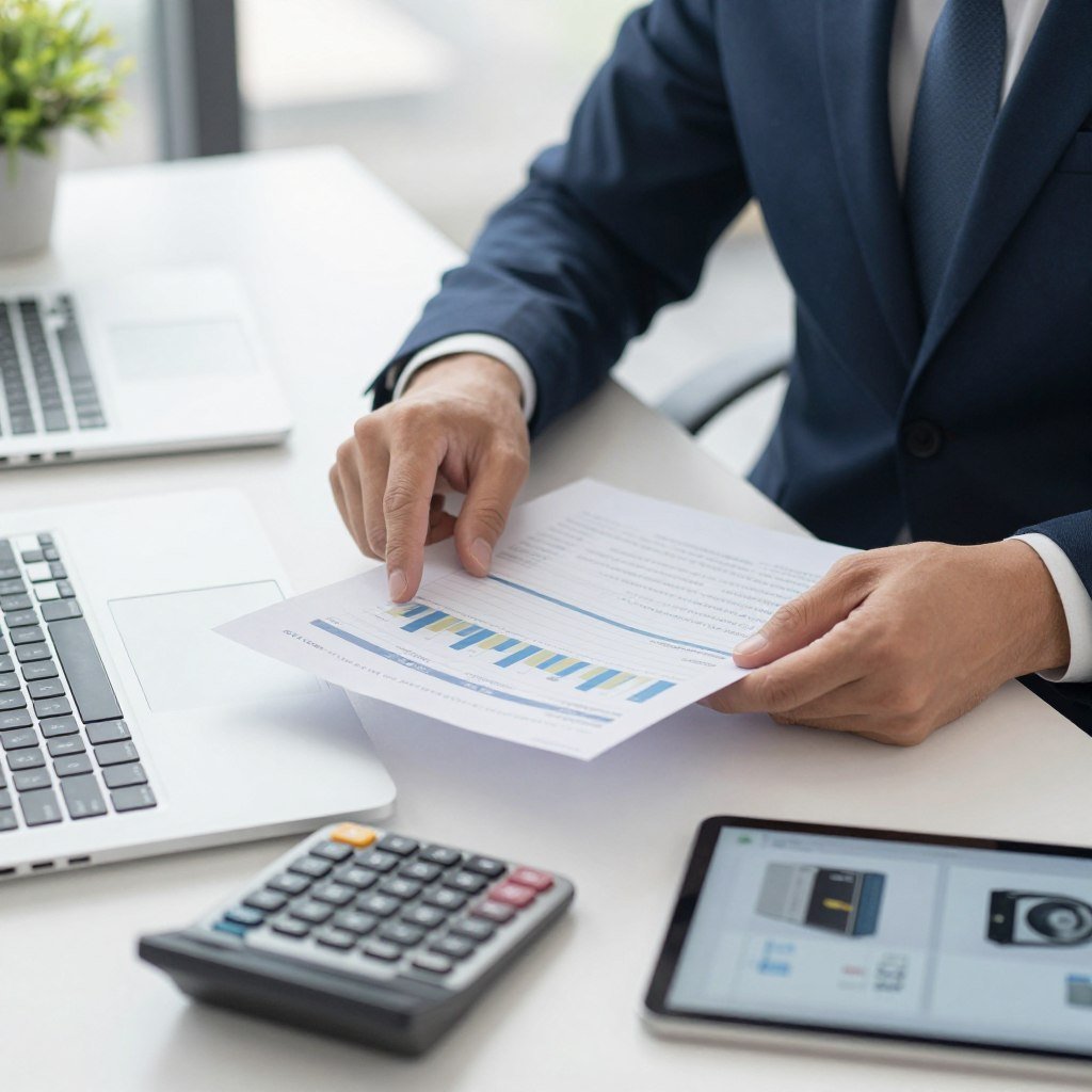 Business owner reviewing wellness equipment investment documents