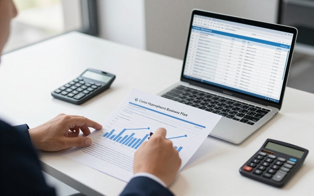 Business planning documents and calculator showing ROI calculations for colon hydrotherapy equipment
