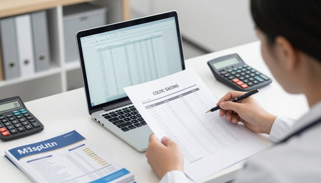 Business professional analyzing equipment comparison spreadsheet with calculator and supplier catalogs on desk