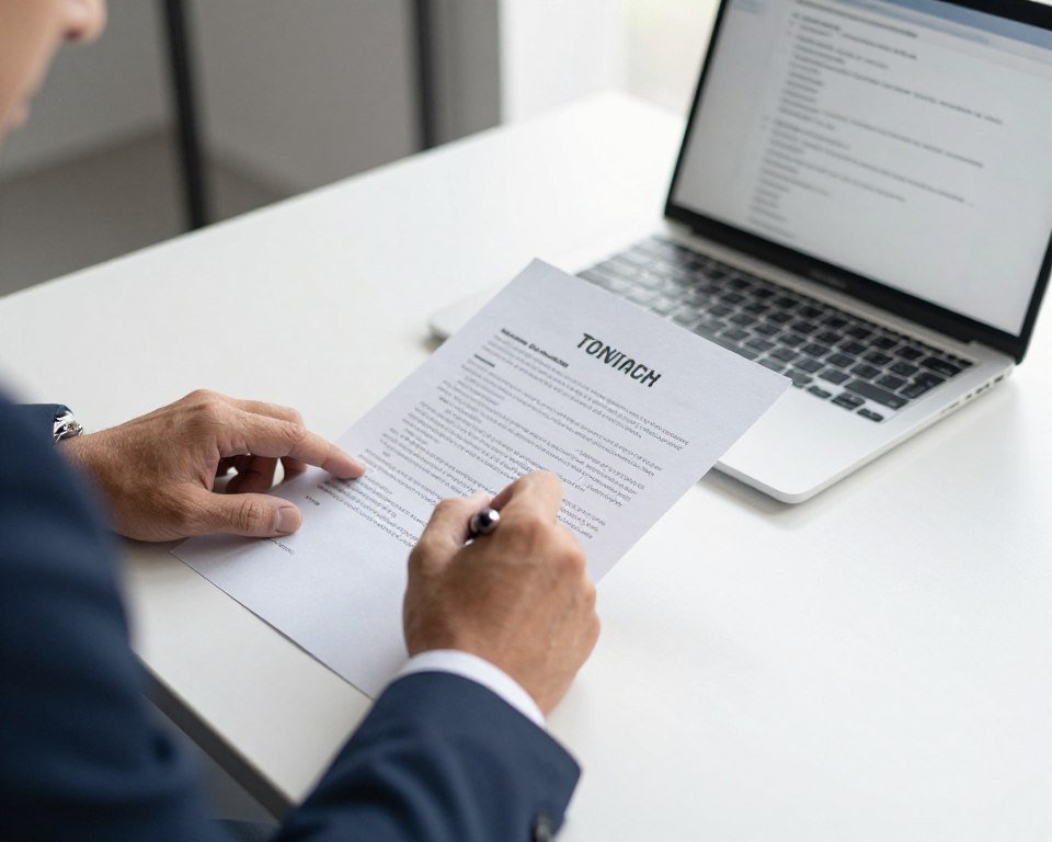 Business professional reviewing final contract documents before signing