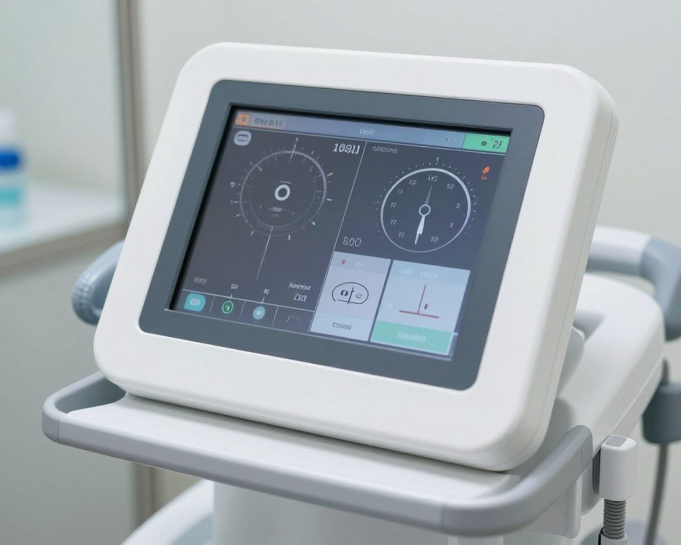 Close-up view of MAIKONG colon hydrotherapy machine control panel with touch screen interface displaying treatment parameters