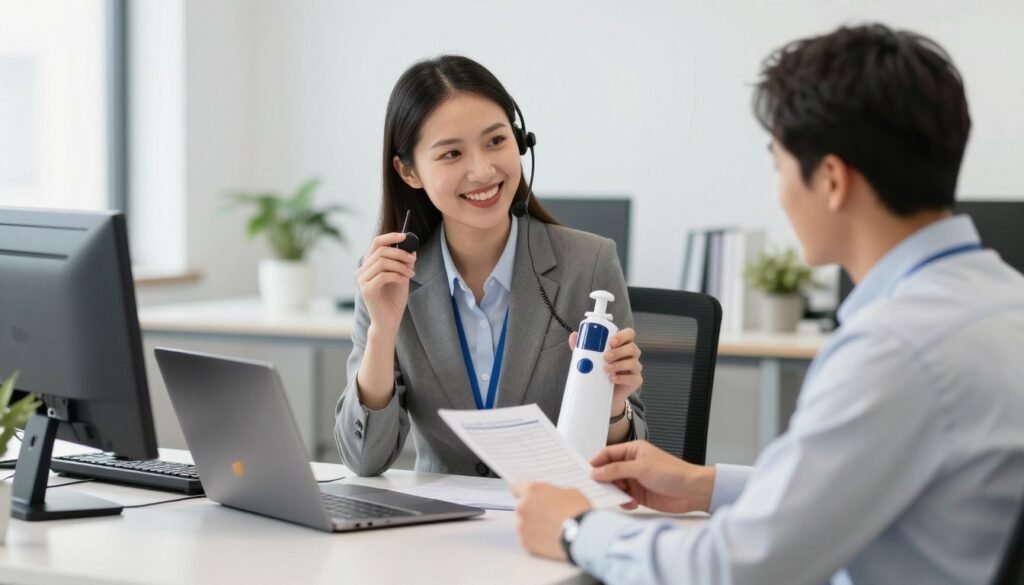 Customer service representative assisting buyer with colonic machine procurement questions