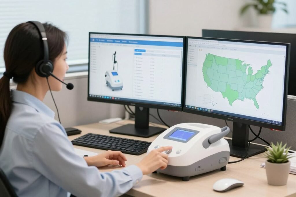 Customer service representative assisting buyer with equipment selection