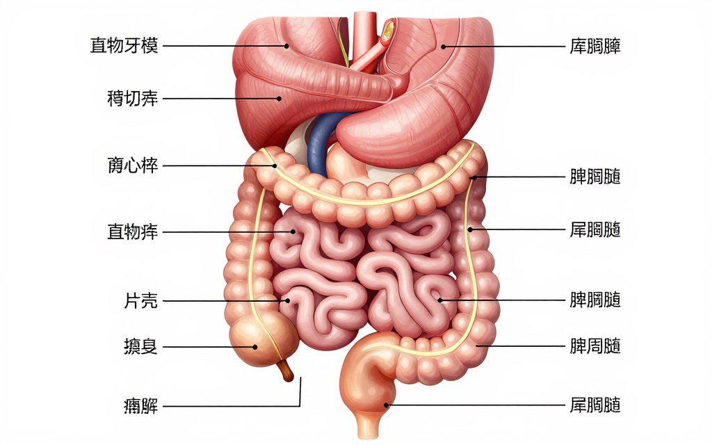 Detailed anatomical diagram showing complete digestive system with labeled sections of small and large intestine