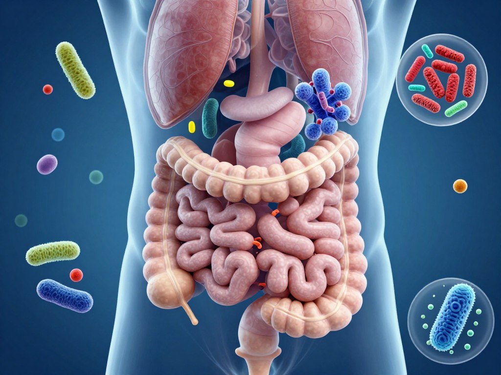 Diagram showing healthy gut microbiome with diverse bacteria colonies