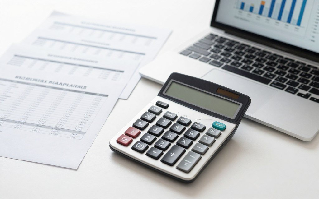 Financial calculator and business plan spreadsheet showing ROI calculations