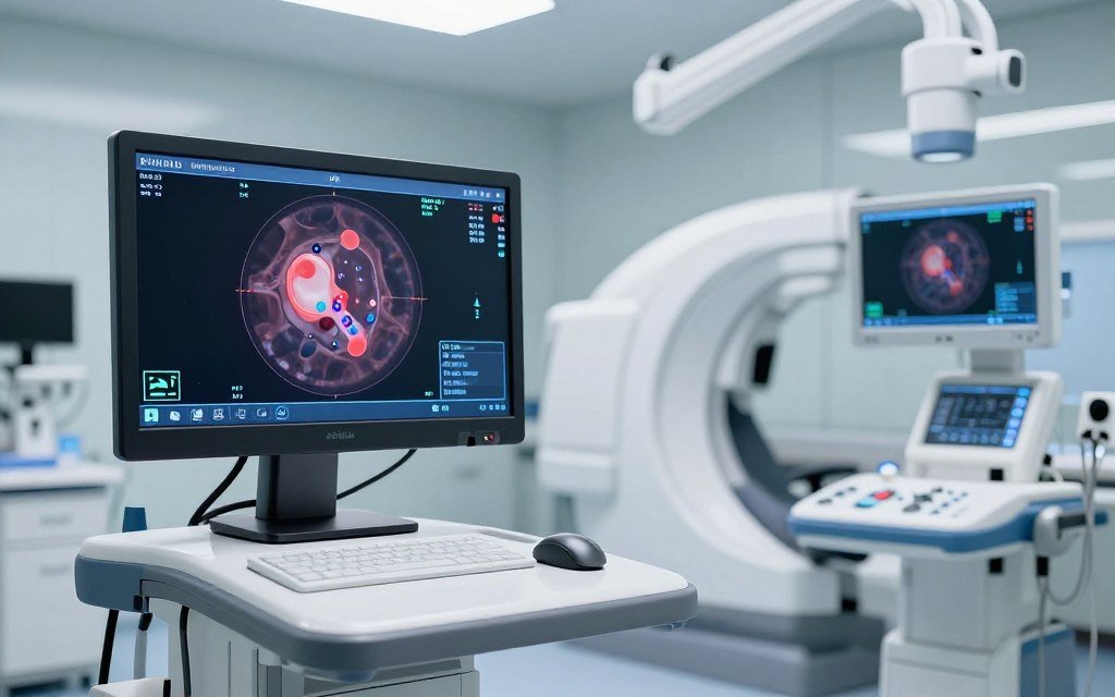 Futuristic medical technology display showing AI-assisted colonoscopy system with real-time polyp detection highlighting