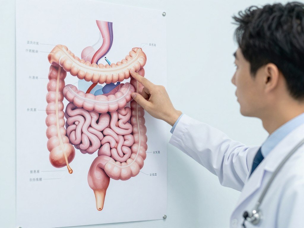 Health professional explaining colon anatomy with educational diagram