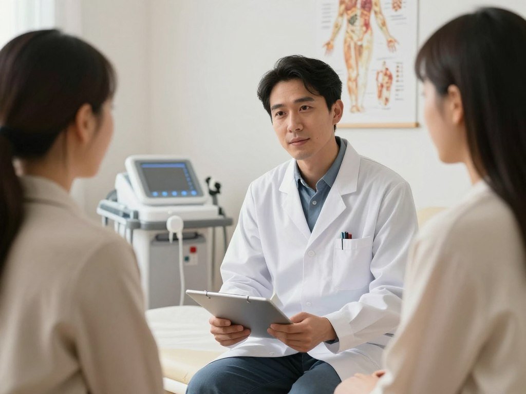 Healthcare professional consulting client about colon hydrotherapy benefits