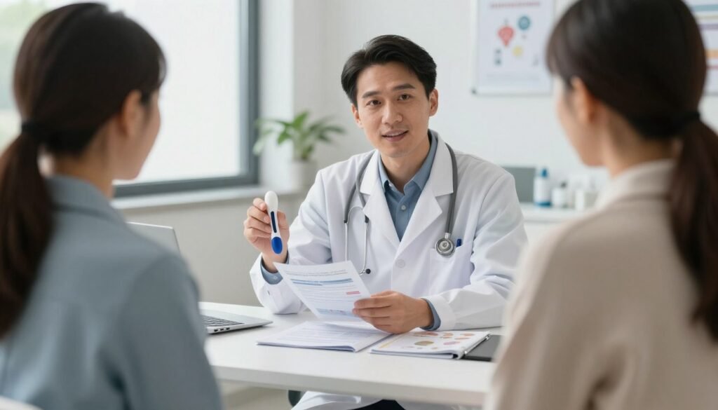 Healthcare provider counseling patient about colorectal cancer screening options using educational materials and diagrams