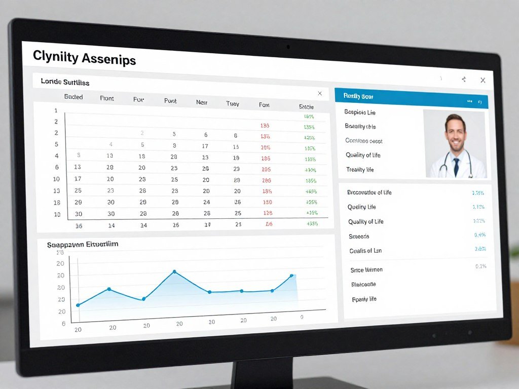 Medical chart displaying symptom tracking scores and quality of life assessment graphs over treatment timeline