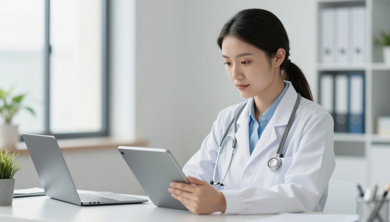 Medical professional reviewing colon health terminology on digital tablet in modern clinic setting