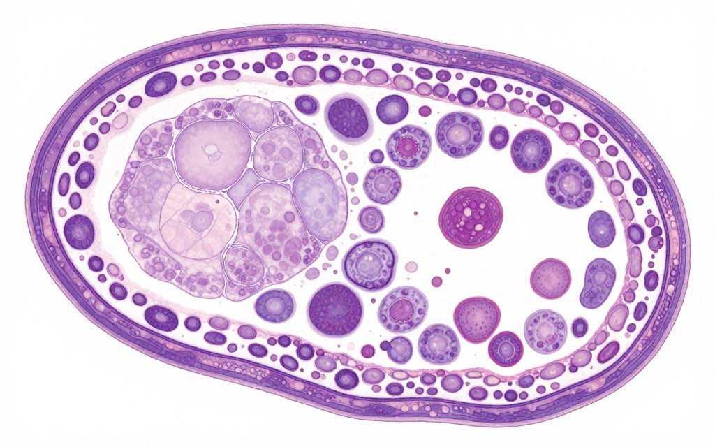 Microscopic cross-section view of healthy colon tissue showing cellular layers and mucosal structure