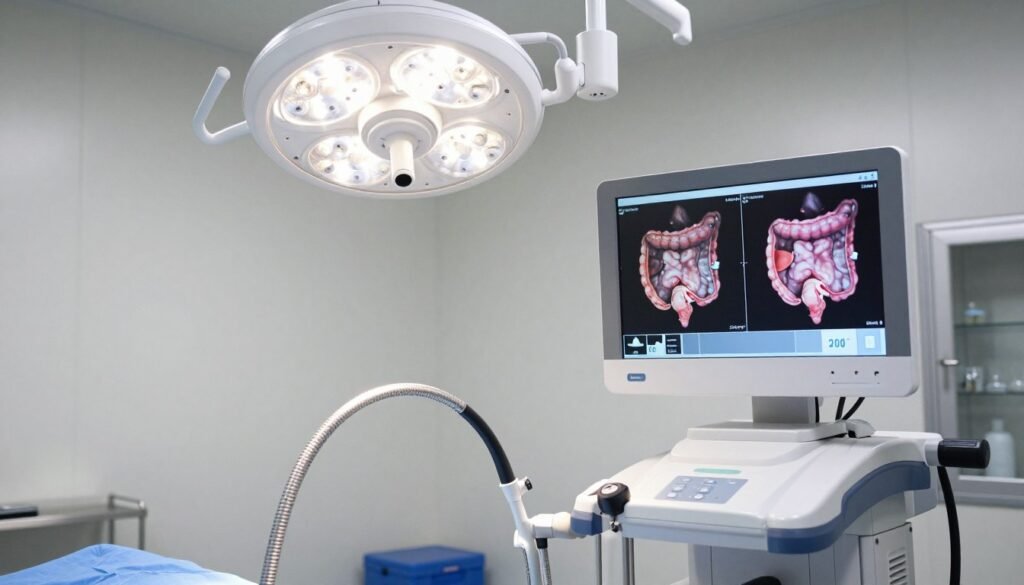 Modern colonoscopy equipment setup in sterile medical procedure room showing monitor and flexible scope