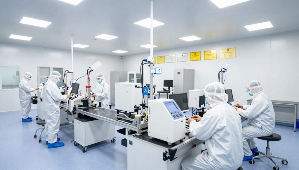 Modern manufacturing facility producing medical equipment with quality control stations