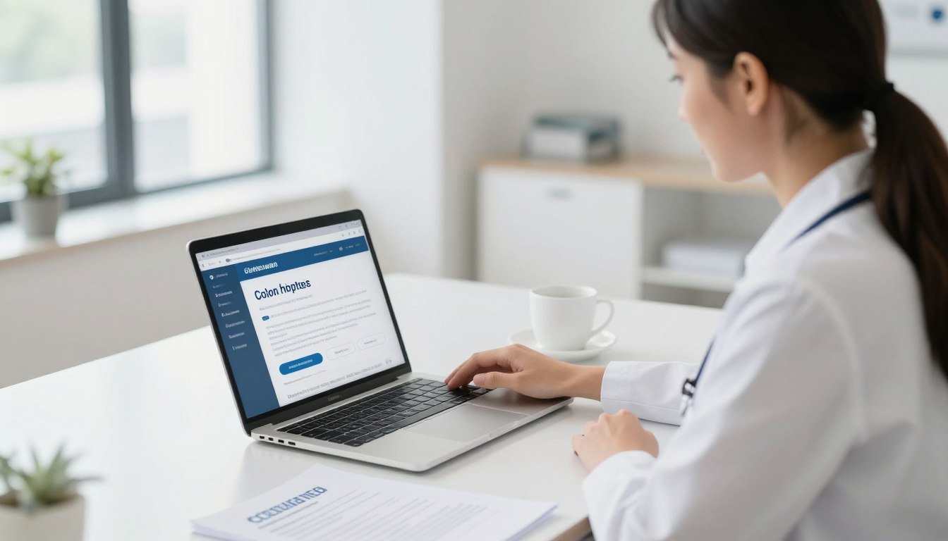 Person researching colon health information on laptop with medical charts visible
