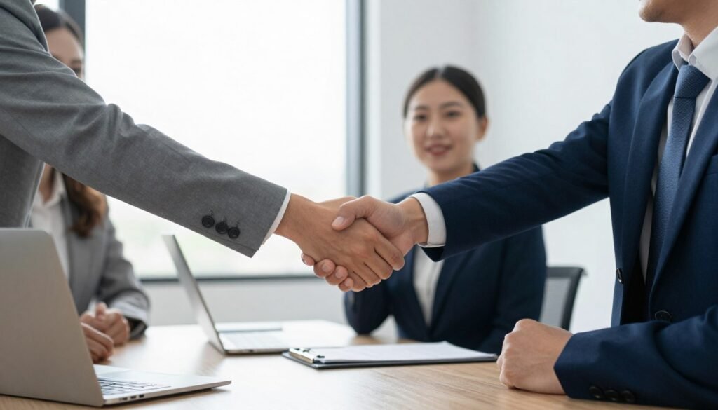 Professional business handshake representing partnership agreement between distributor and manufacturer