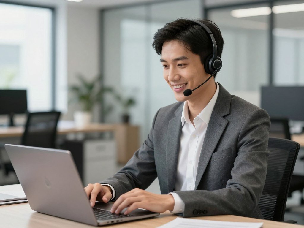 Professional technical support specialist providing remote assistance via video call