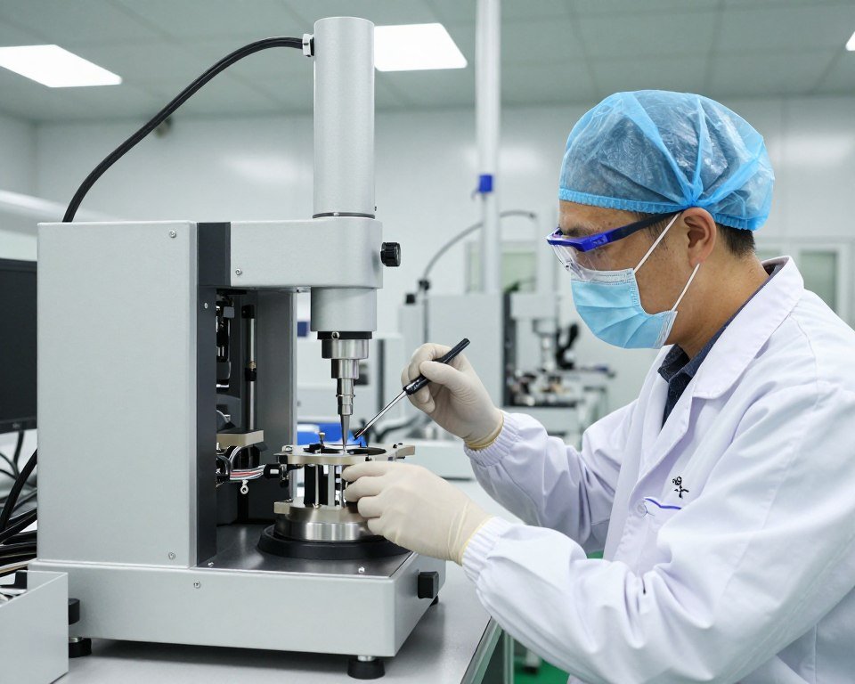 Quality control inspector examining colonic machine components
