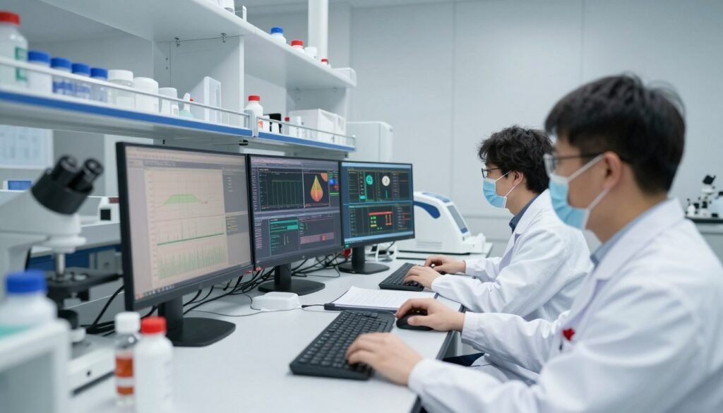 Research laboratory setting with scientists analyzing colon health study data on multiple computer monitors