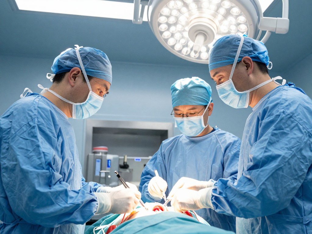 Surgical team performing minimally invasive laparoscopic colorectal procedure in modern operating room