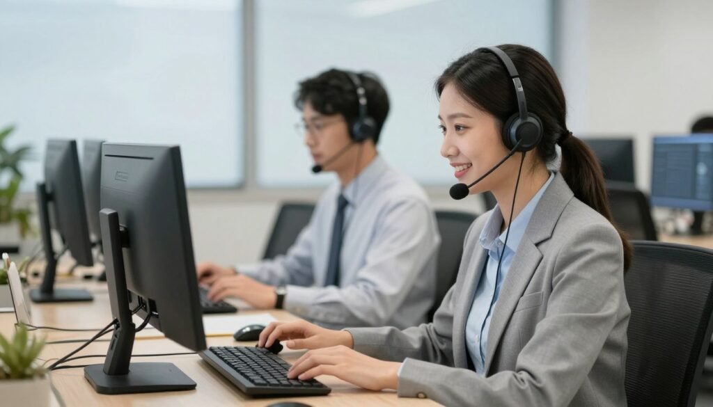 Technical support team assisting customer
