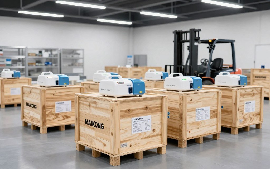 Warehouse shipping area with packaged medical equipment ready for international delivery