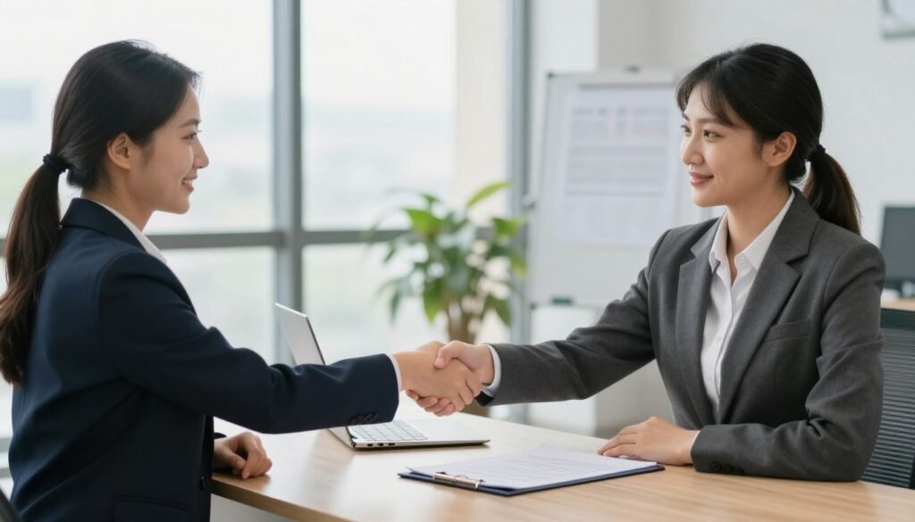 business partnership handshake in modern office