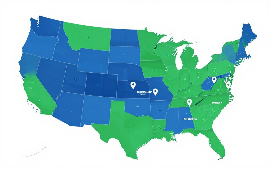 distribution network map showing United States coverage