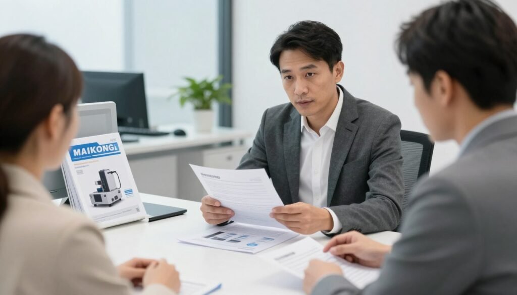 health center owner reviewing colonic machine documentation and certifications