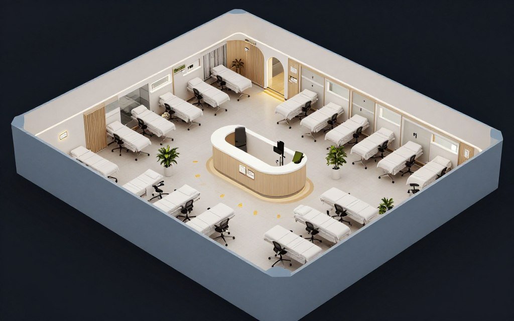 multi-room clinic layout showing natural colon cleanse at home semantic variation across different spaces